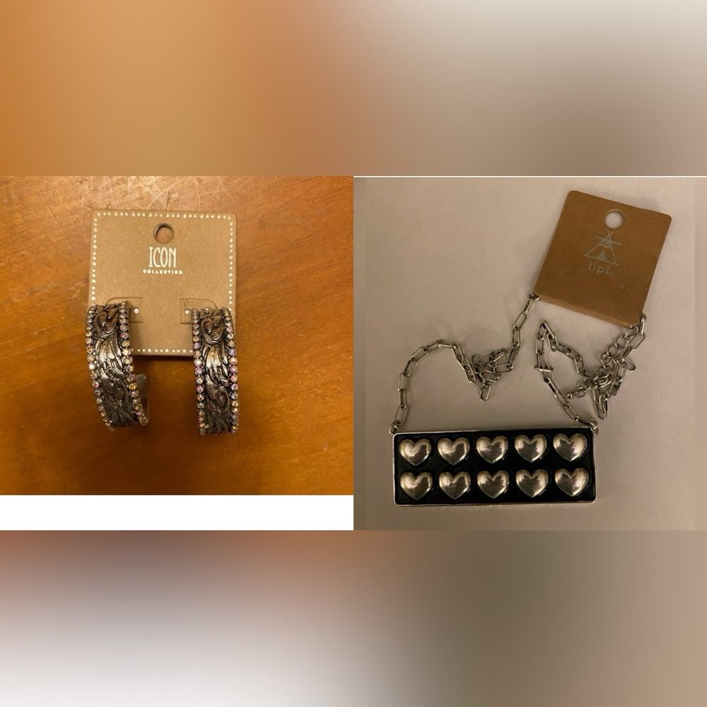 2pcs Stamped Silver Hoop Earrings & Heart Stamped Bar Necklace Fashion Jewelry